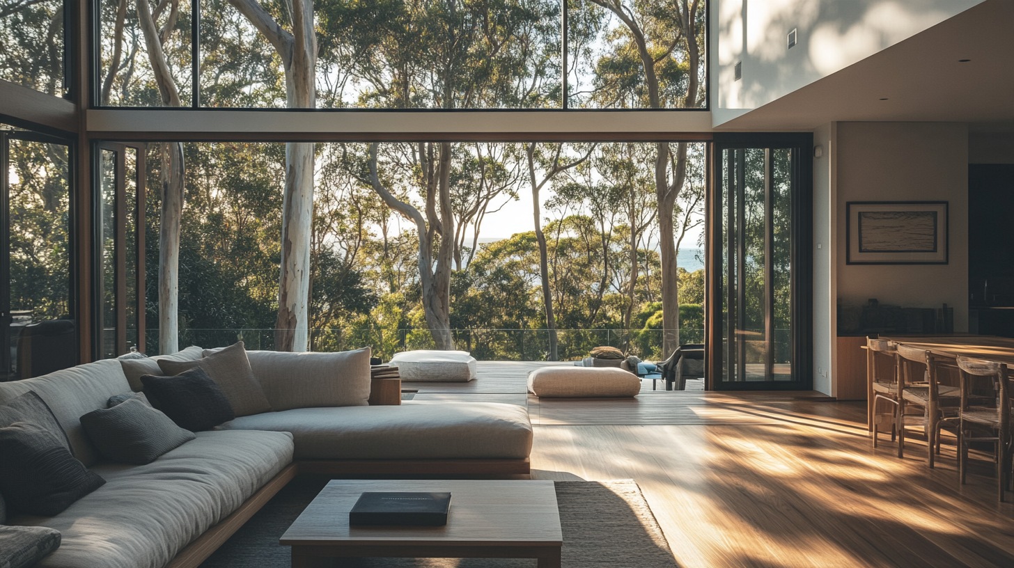 Living room with floor to ceiling windows onto bushland