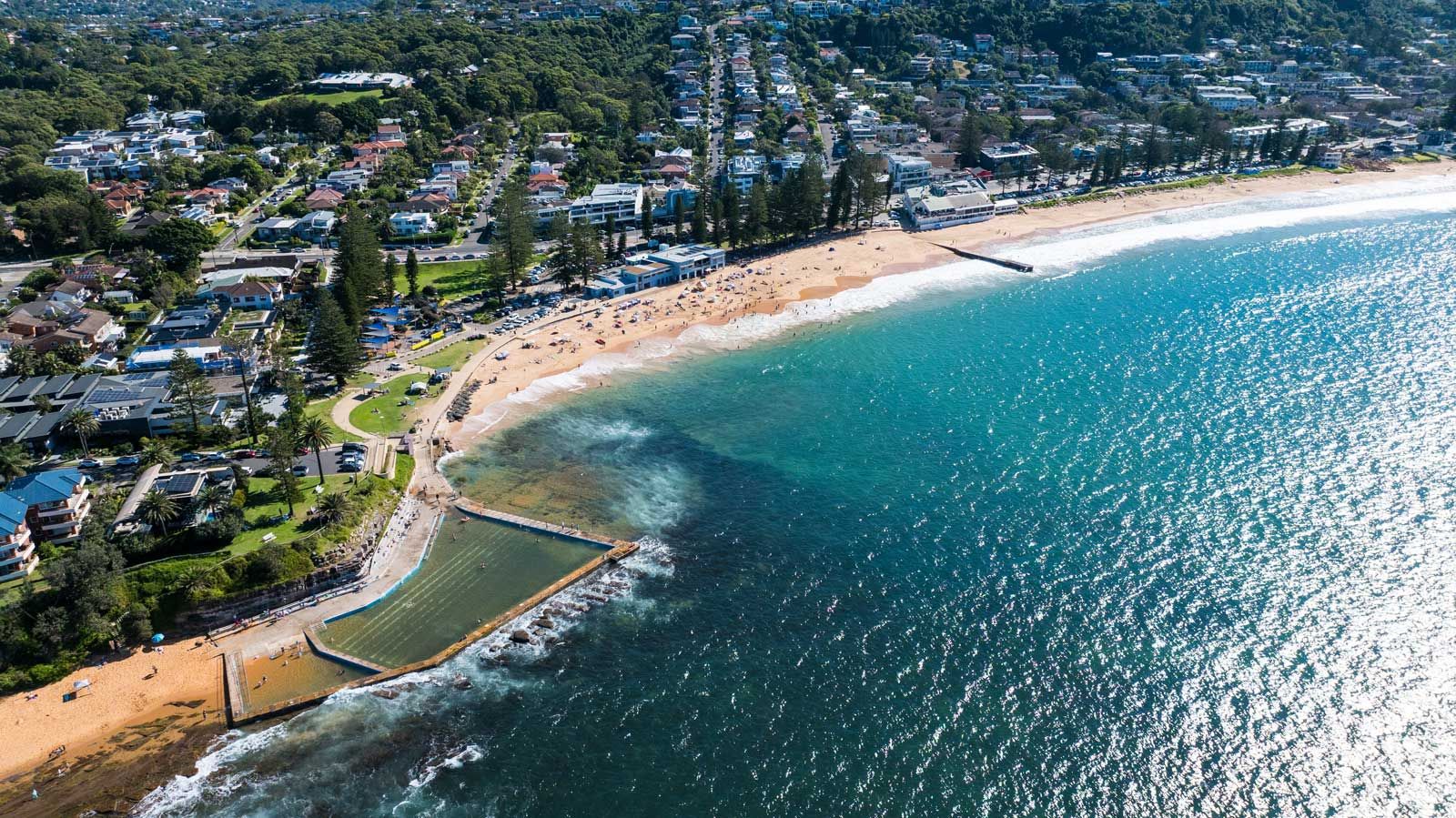 Aerial view of a Northern Beaches beach and rock pool