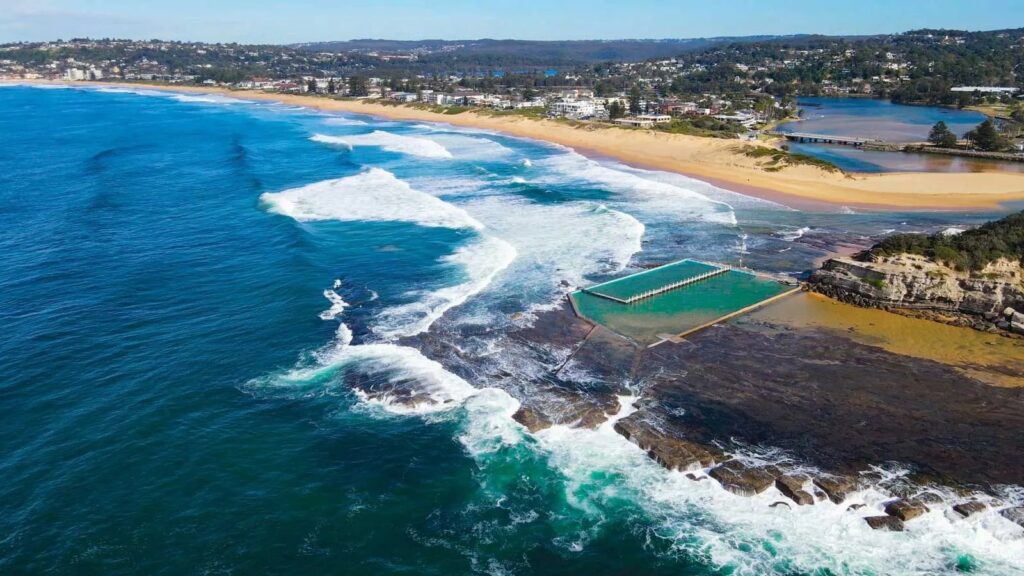 Aerial view of an ocean pool and beach